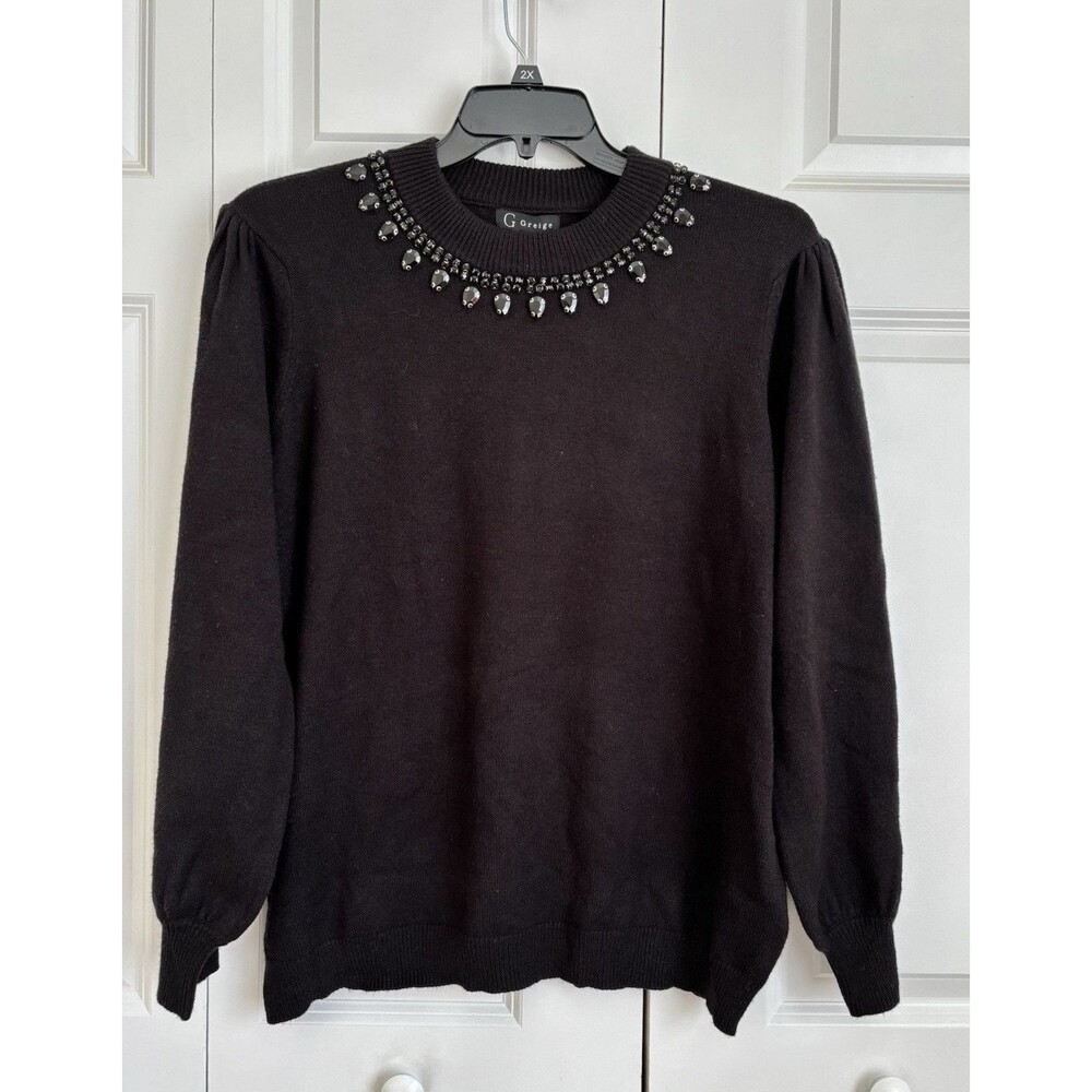 WOMEN'S BLACK JEWELED SWEATER CREW NECK LONG SLEEVE KNIT SIZE 2X G GREIGE